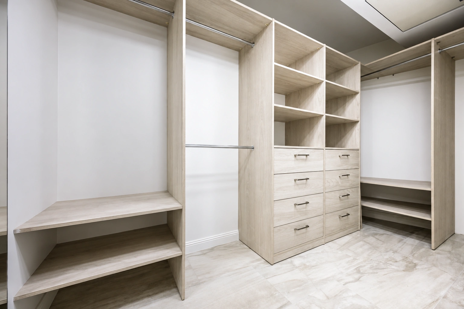 Ankleidezimmer mit offenen Regalen und Schubladen entlang der Wände.